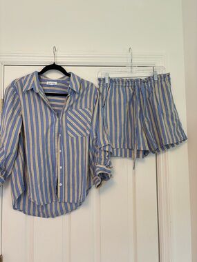 Heartloom Blue Yellow Striped Matching Set Cotton Poplin Shirt S Shorts Medium